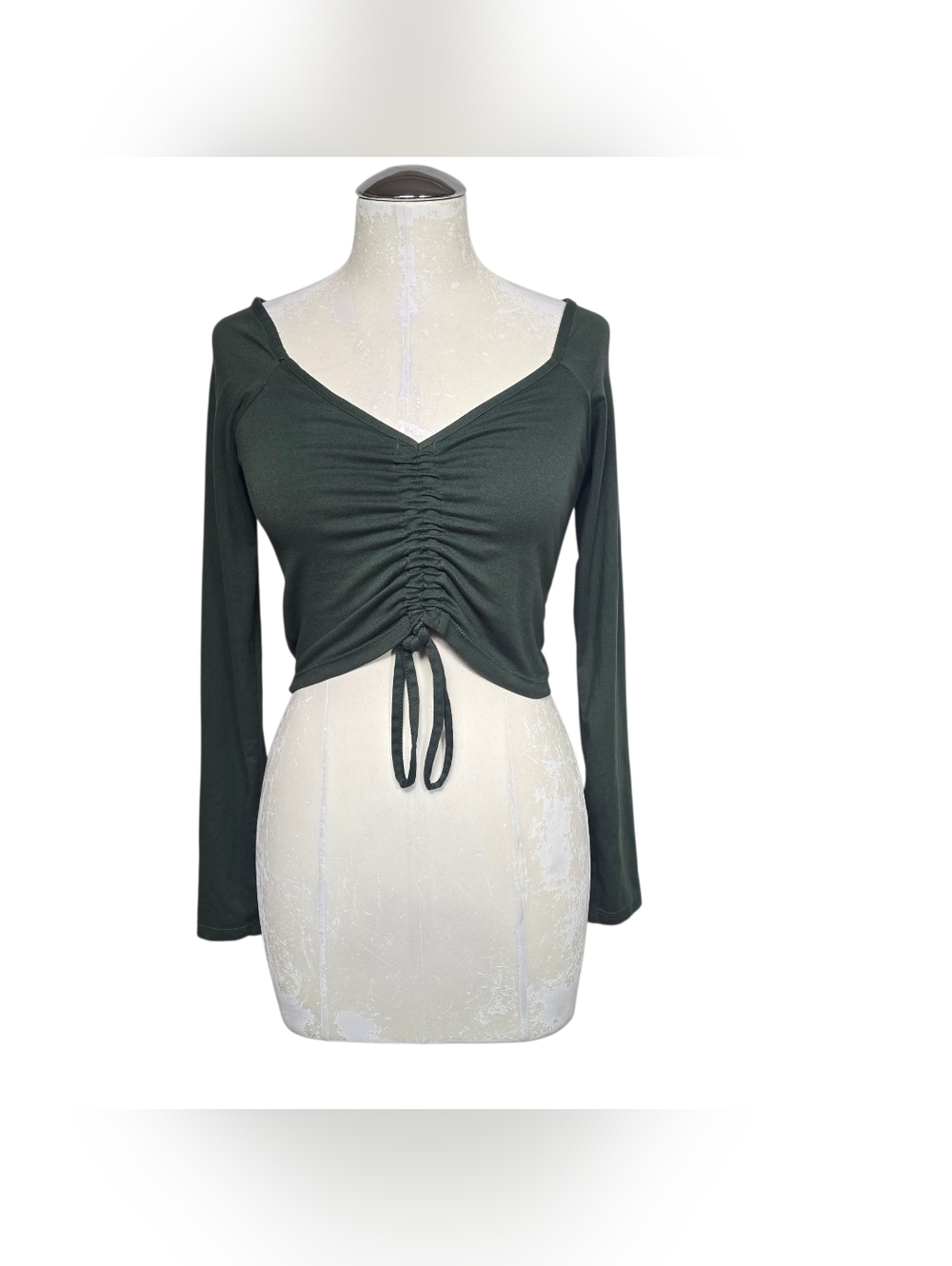 Capella Ruched Front Tie Crop Top S Hunter Forest Green V Neck Long Sleeves